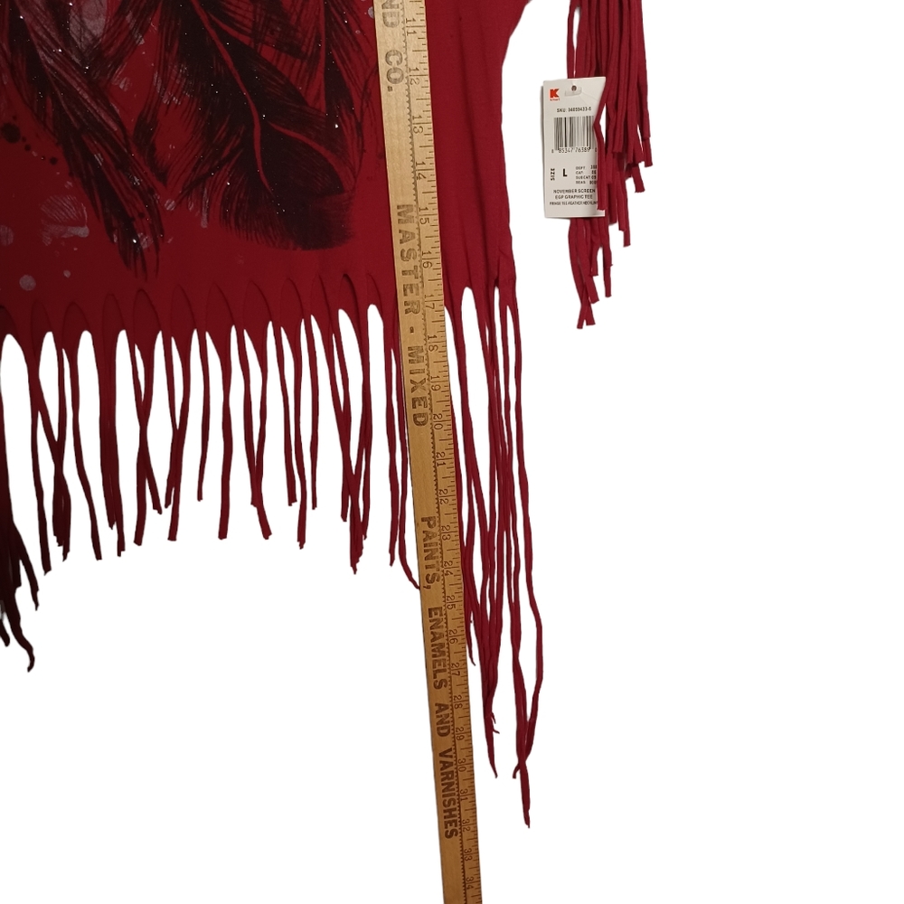 HYBRID Burgundy Red Black Silver Feather Print Fringe Short Sleeve Top Large NWT - Picture 7 of 7